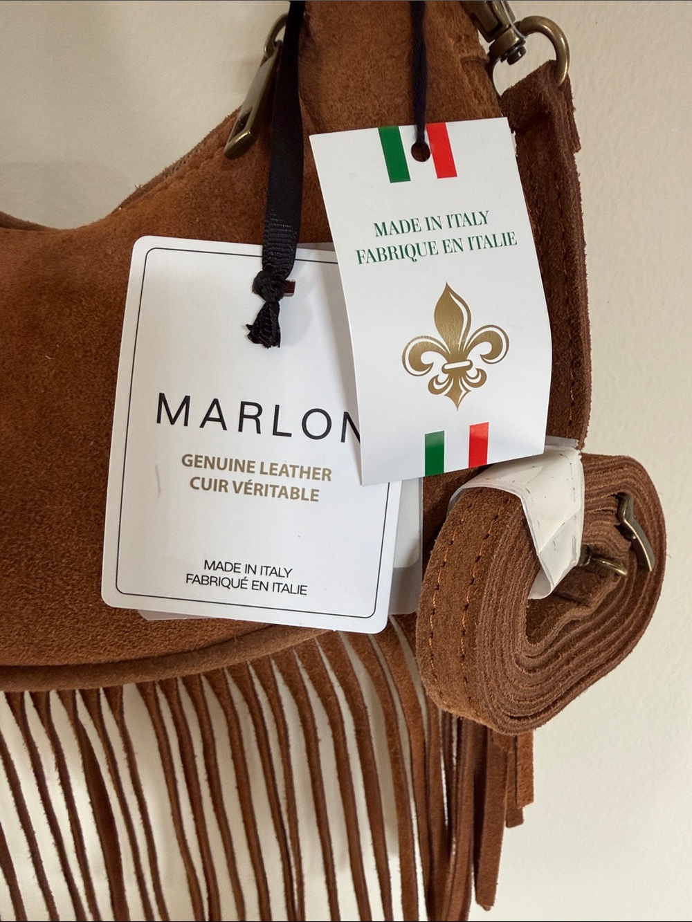 Marlon Boho Brown Calf Suede Fringe Crossbody Bag Shoulder Tote Bag -Italy NWT - Picture 3 of 8